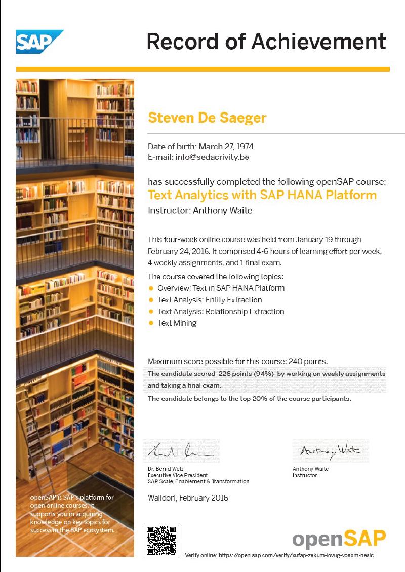 Sedacrivity - openSAP Text Analytics Record of Achievement